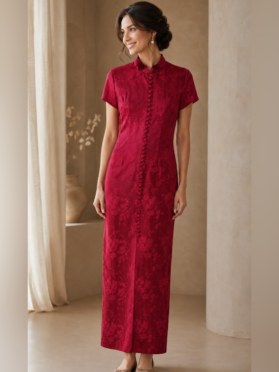 Vintage Dresses & Skirts - Vintage Red Floral Jacquard Maxi floral mandarin collars Dress sz 12